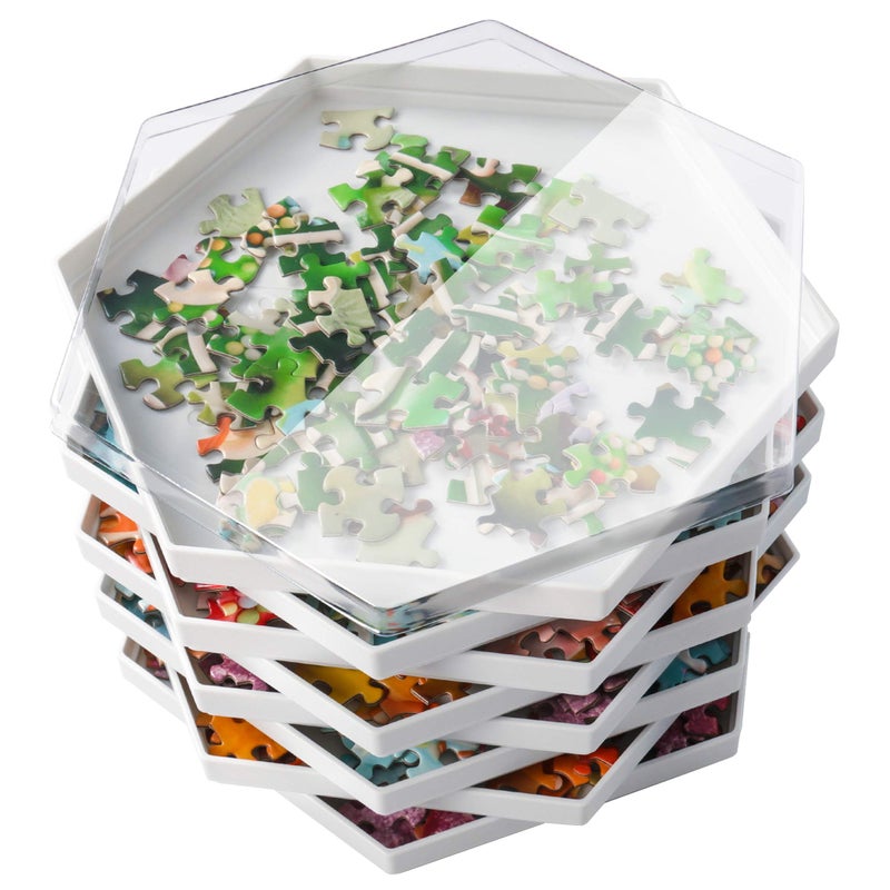 Becko US Stackable Puzzle Sorting Trays Jigsaw Puzzle Sorters with Lid Puzzle Accessory for Puzzles Up to 1500 Pieces, 8 Hexagonal Trays (White) - Image 1